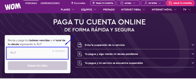 Pago fácil en el sitio web de WOM 2