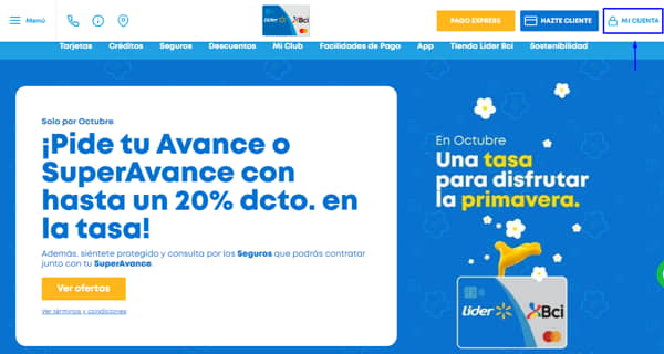 Acceso a Mi Cuenta para bloqueo de tarjeta Lider Bci